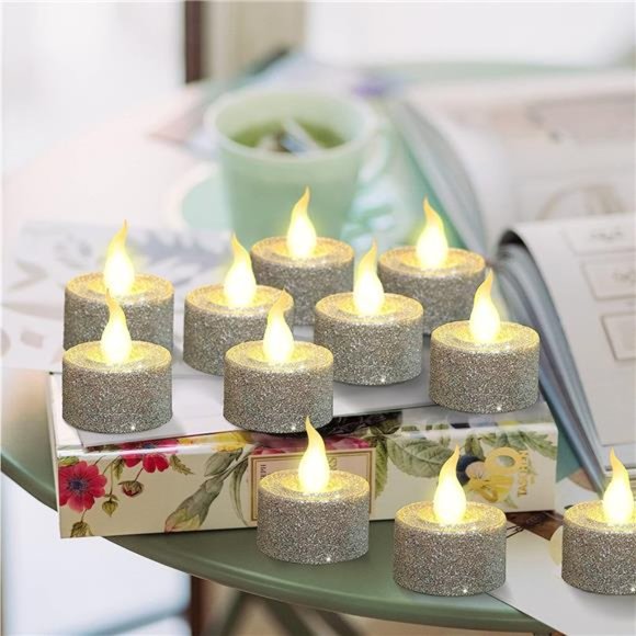 LED Silver Candles Battery Operated, Pack of 12, Flameless Tea Lights Candles - Picture 2 of 6